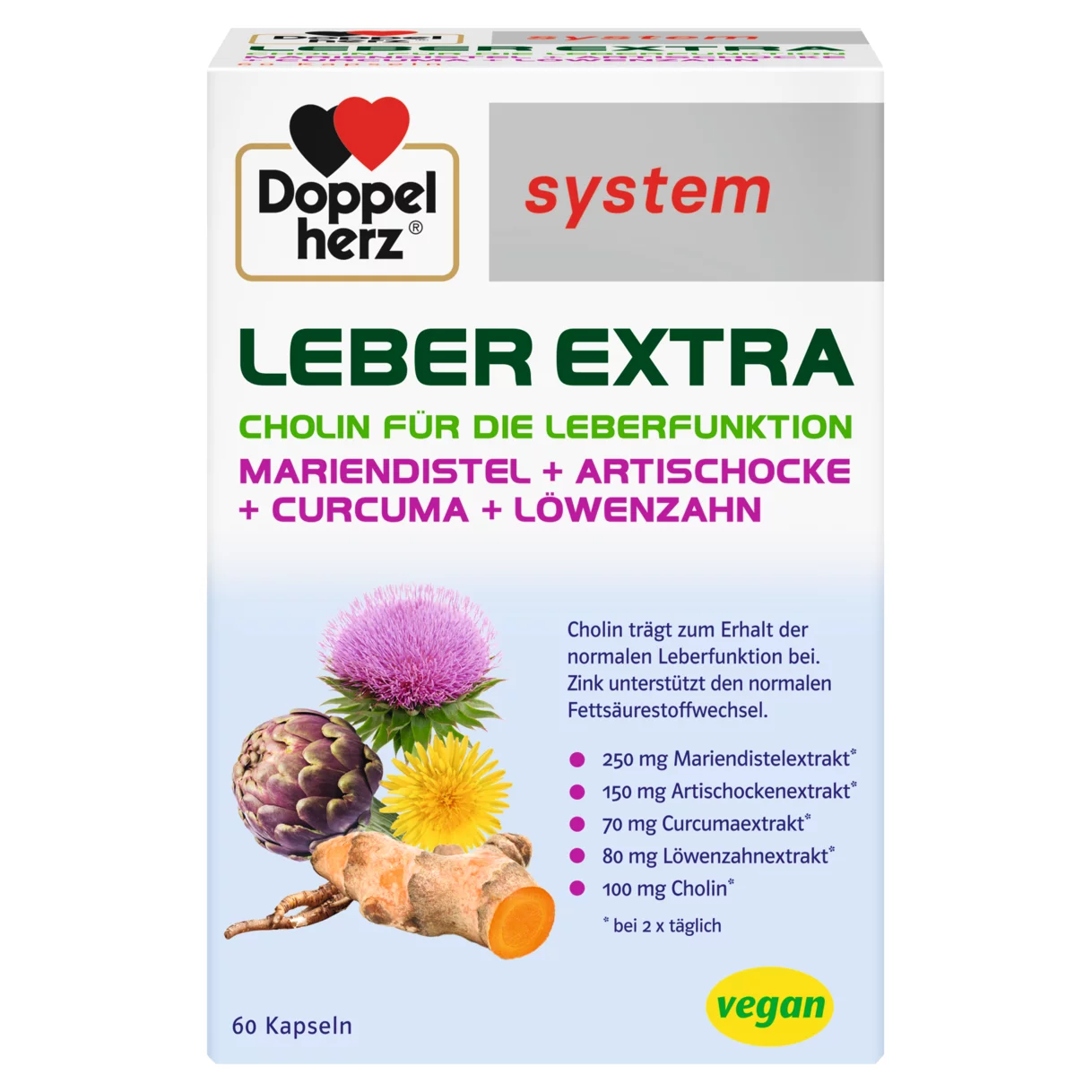 Abbildung der Produktverpackung Doppelherz system LEBER EXTRA Frontansicht